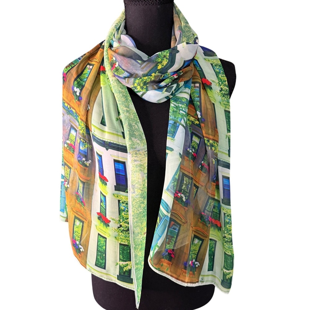 Cityscape Print Oblong Scarf‎ Sheer Chiffon Window Box Pariscore Cottagecore